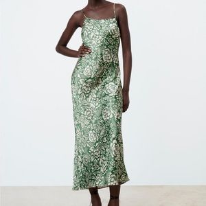 Zara green floral printed slip dress